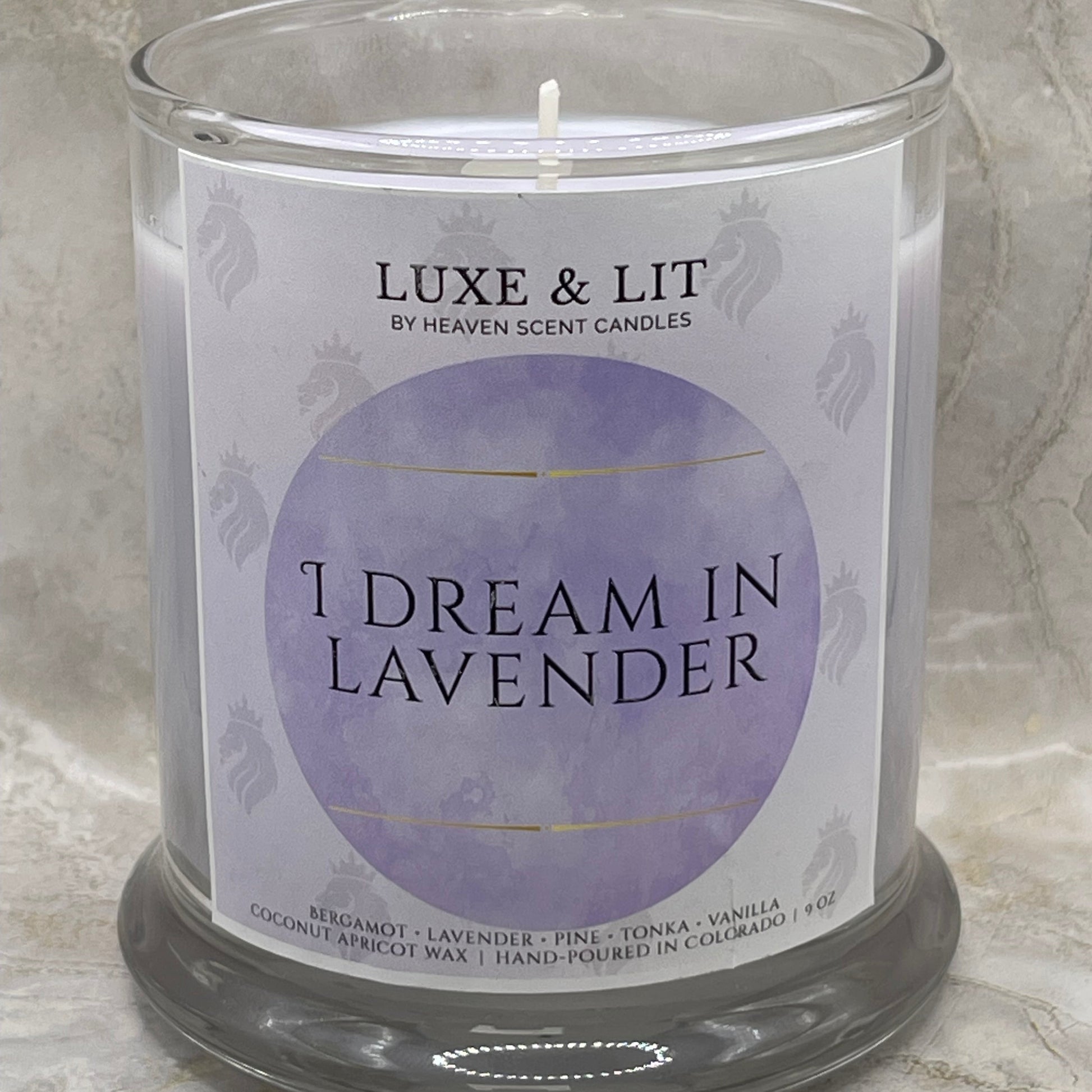 LUXE & LIT candle labeled 'I Dream in Lavender' on a marble surface