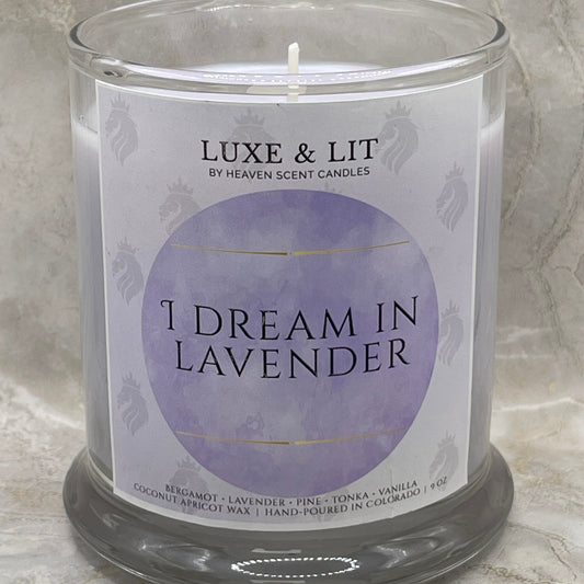 LUXE & LIT candle labeled 'I Dream in Lavender' on a marble surface